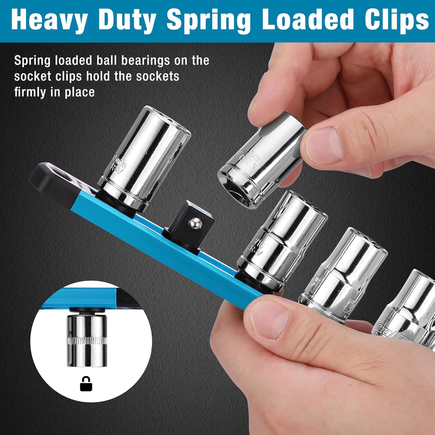Sky blue spring clip socket holder rail with chrome sockets held by spring-loaded clips