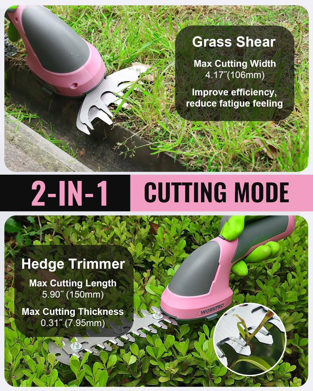 Pink handheld grass shear and hedge trimmer cutting on green grass and shrub