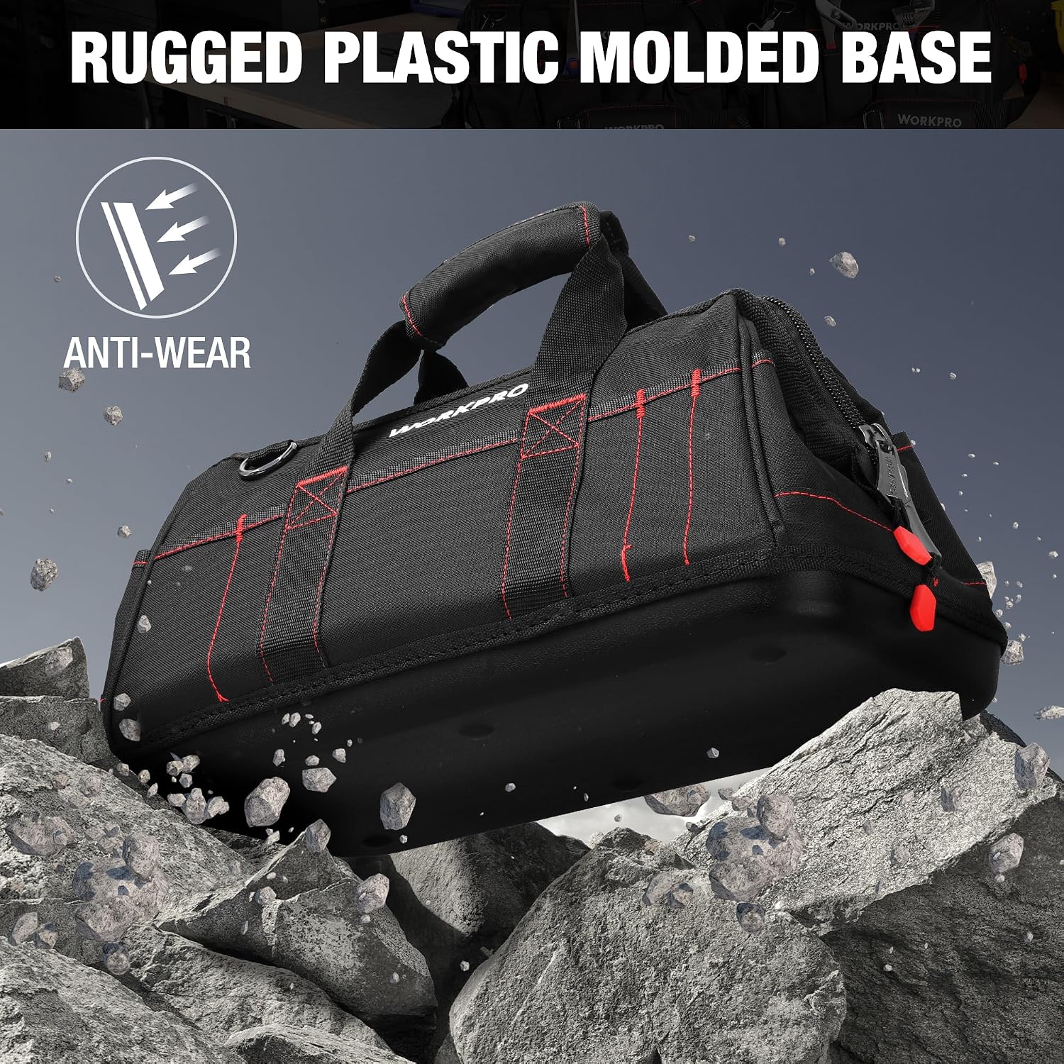 WORKPRO 16-inch Close Top Wide Mouth Tool Storage Bag in black with innovation quality secure durable base