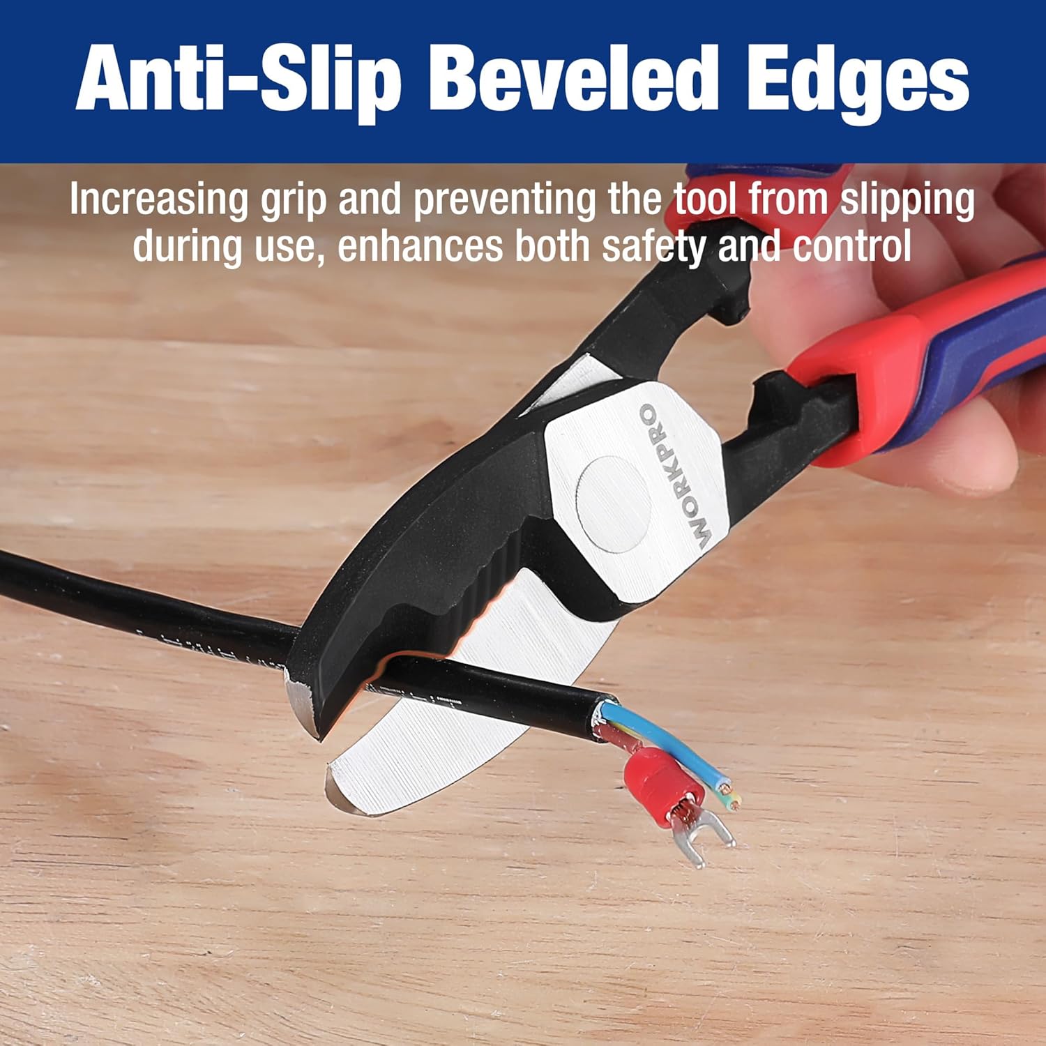 Cable cutter with beveled anti-slip edges and red/blue handles for controlled cutting.