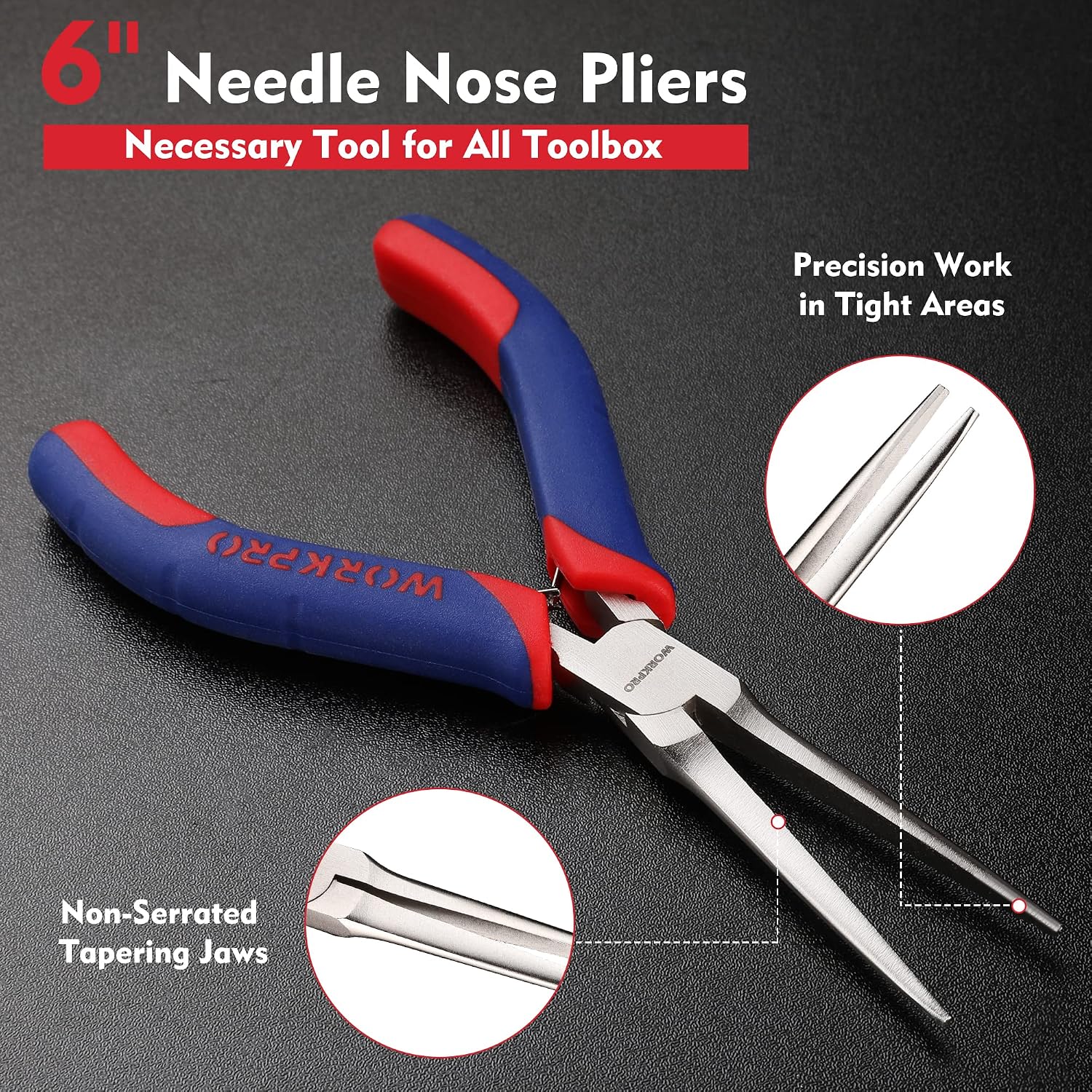 6-inch needle nose pliers with tapering jaws, blue and red non-slip grips