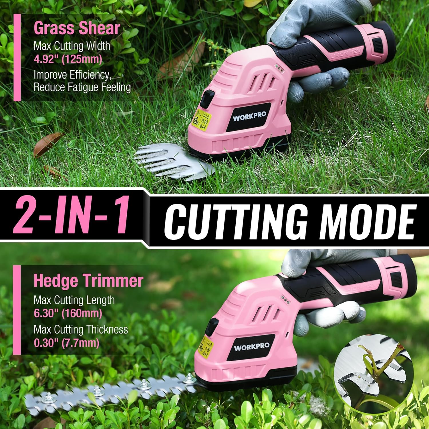 Pink WORKPRO 2-in-1 cordless grass shear and shrub trimmer with twin blades