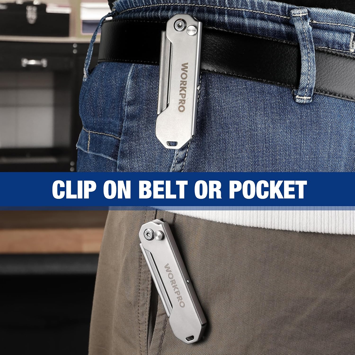 WORKPRO folding utility knife clipped to a jeans pocket or belt loop