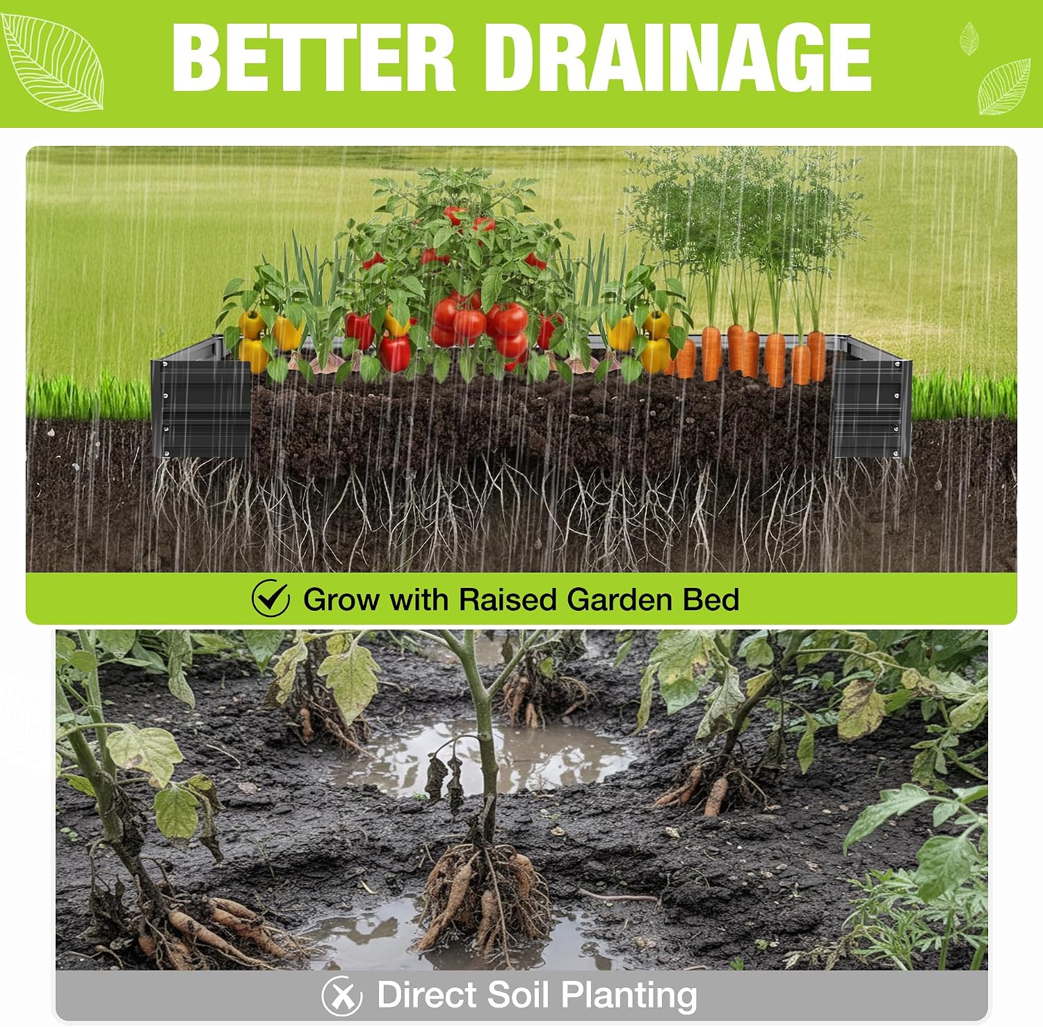 Black raised garden bed showing better drainage with wet soil beneath