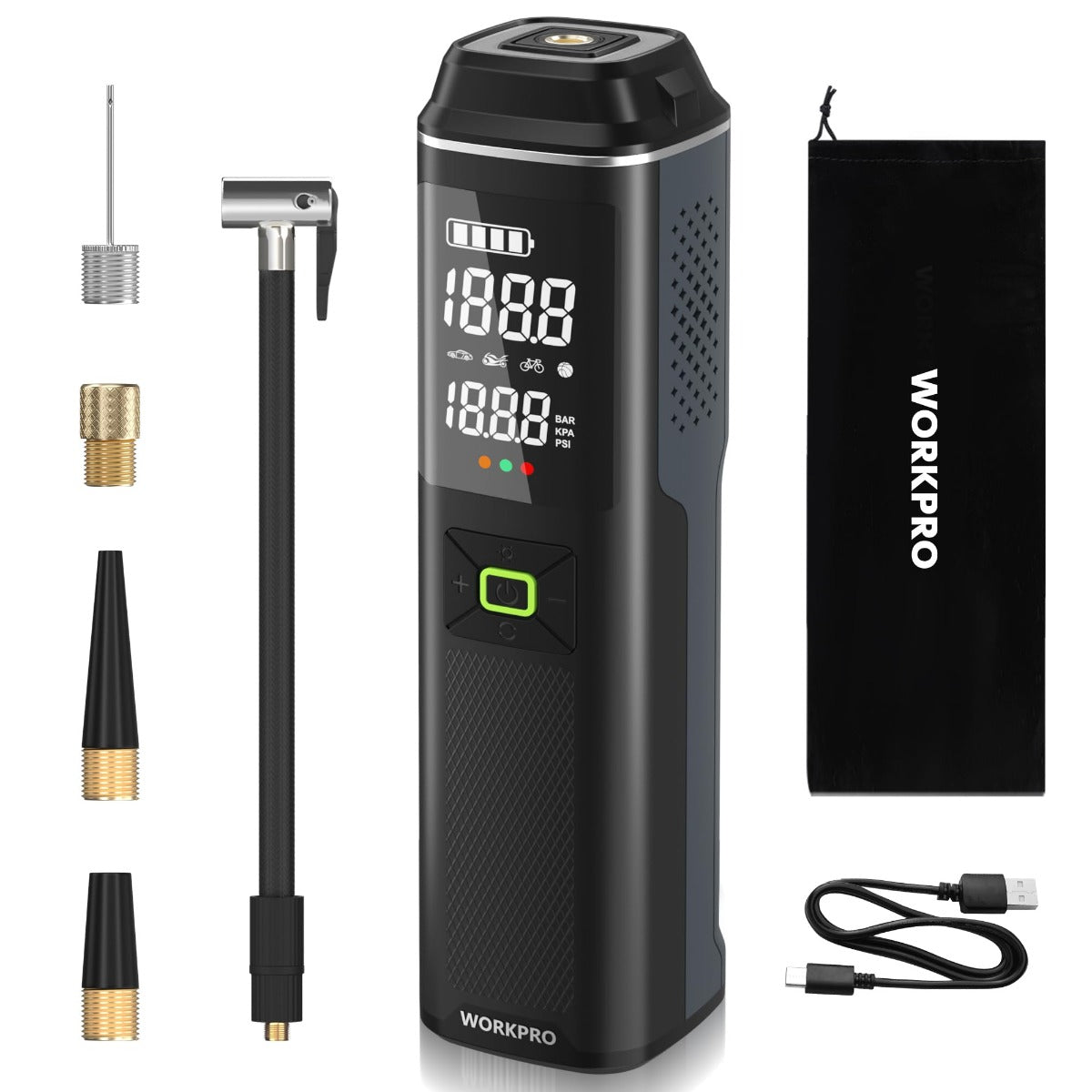 Portable tire inflator air compressor in black with digital display and included nozzles
