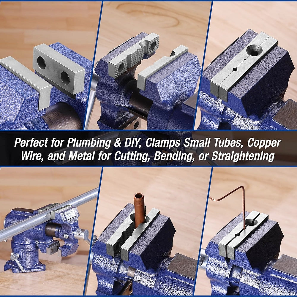 Blue bench vise with dual jaws shown from multiple clamping angles
