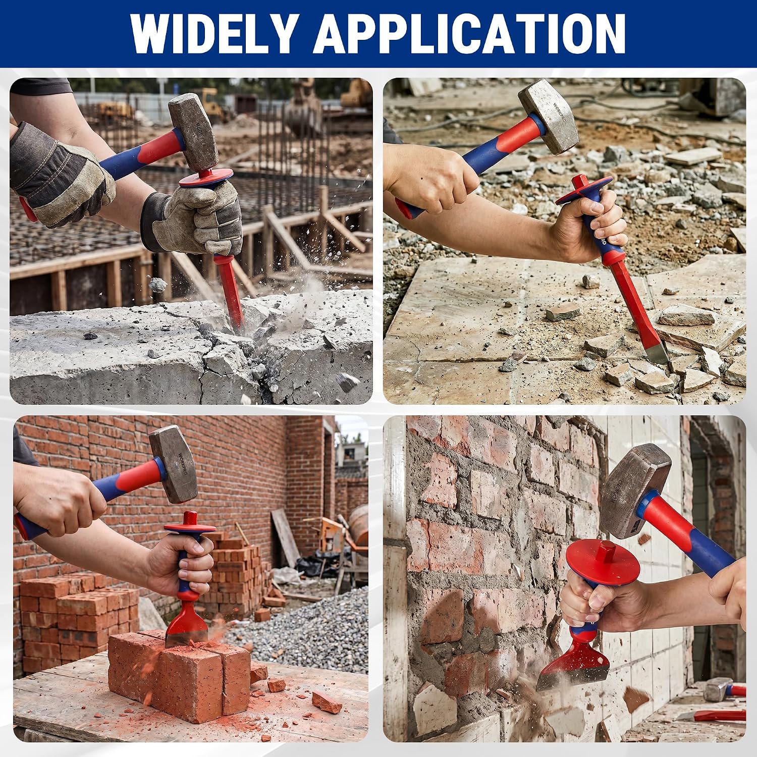 WORKPRO 3-piece masonry chisel set with protective hand guard, blue and red handles, used to break concrete and stone