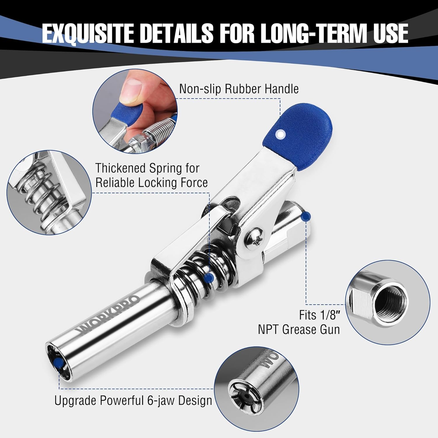 Grease gun coupler with blue rubber grip, chrome quick-release and attached grease hose
