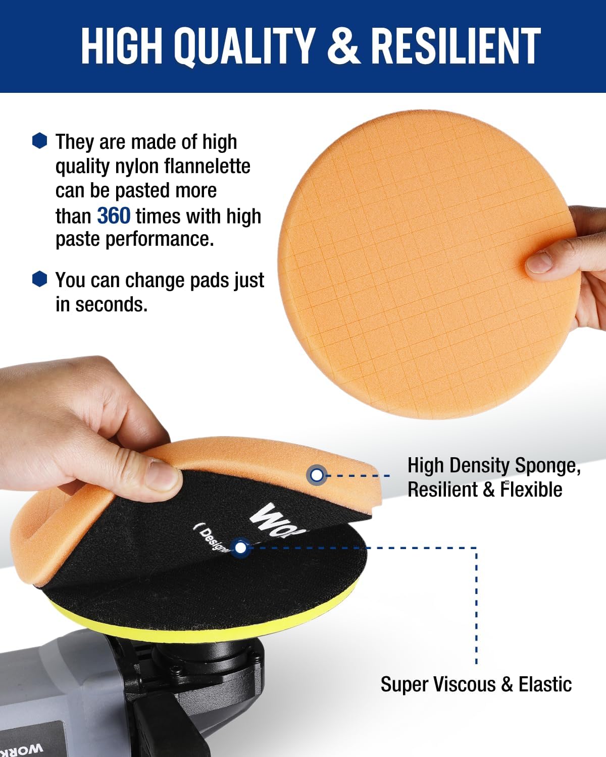 Orange and black round sponge polishing pads with textured foam surface