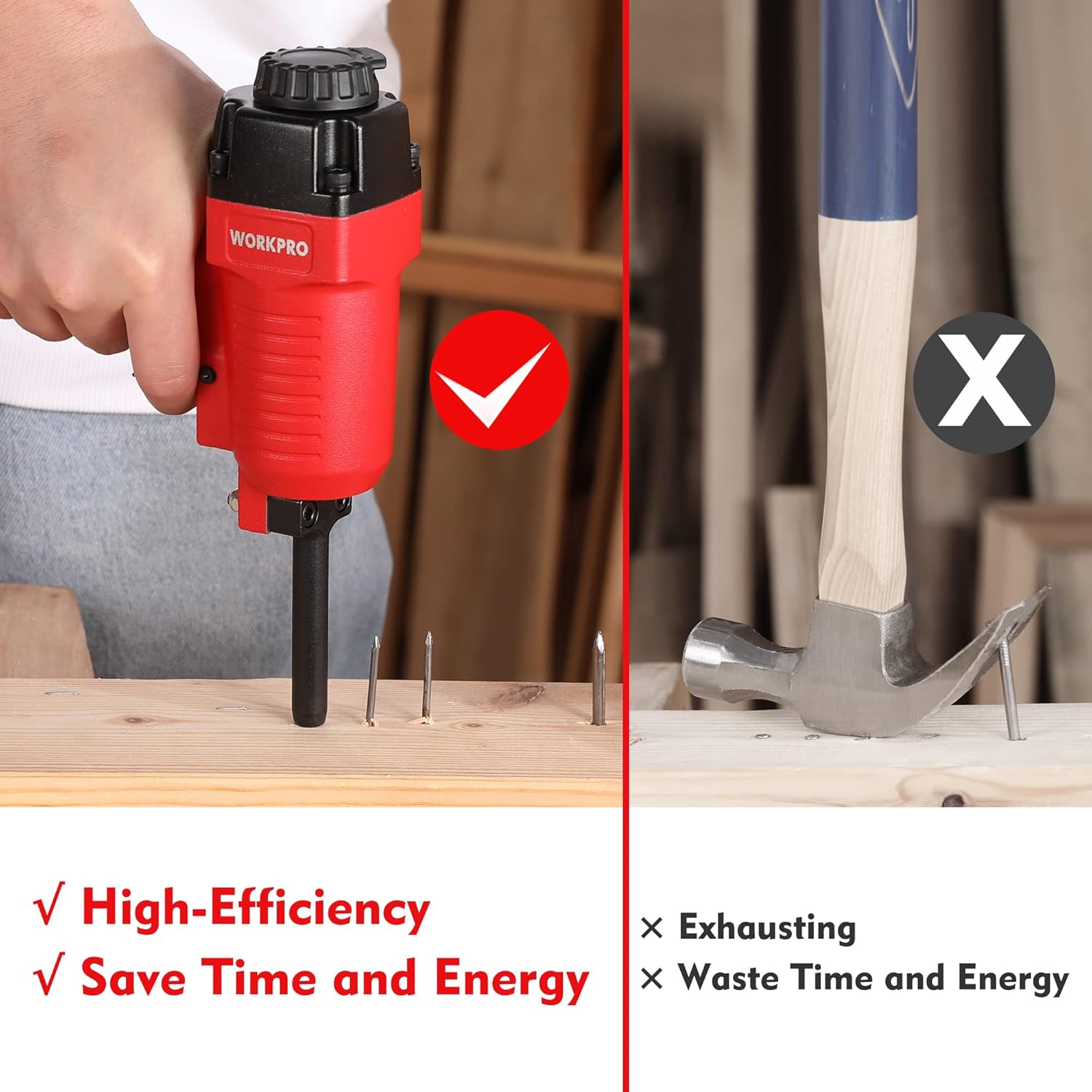 Pneumatic nail remover held against wood plank, driving/removing nails with red trigger gun