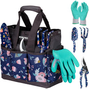 Garden tool set bag with blue floral pockets plus mint gloves and hand tools