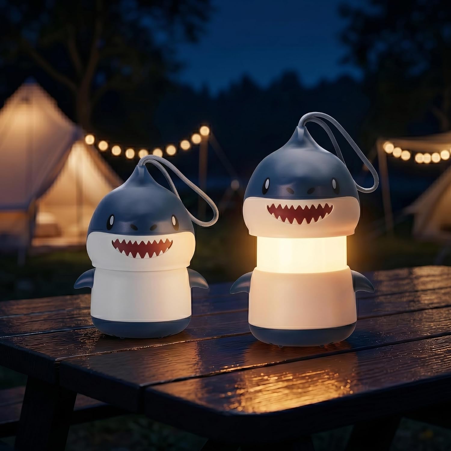 Two blue shark-shaped kids lanterns with white bellies and loop lanyards, warm glow
