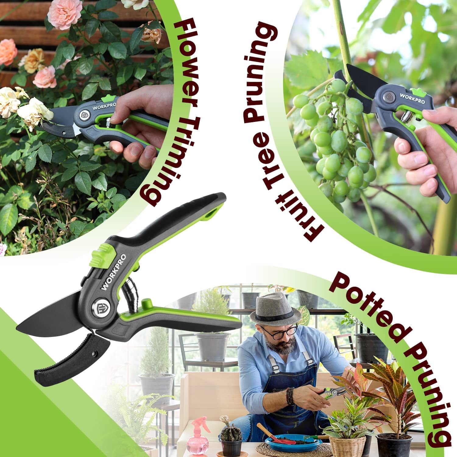 Green and black pruning shears with long blades for easy home garden pruning