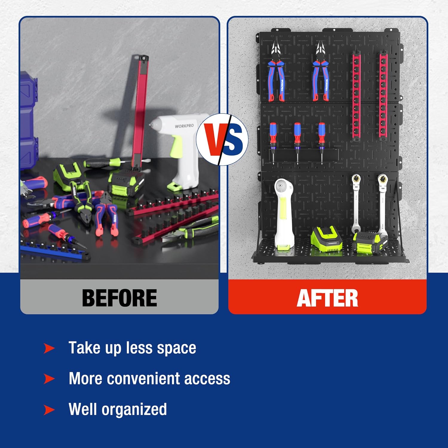 Black metal pegboard tool organizer, compact layout with hooks for smaller items