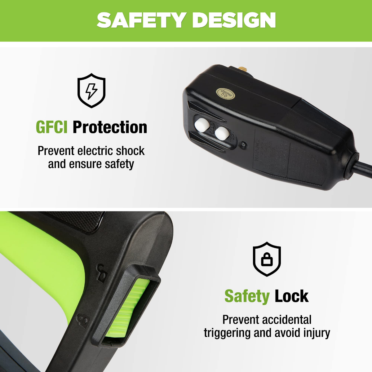 Black electric pressure washer power module with green safety lock and GFCI protection