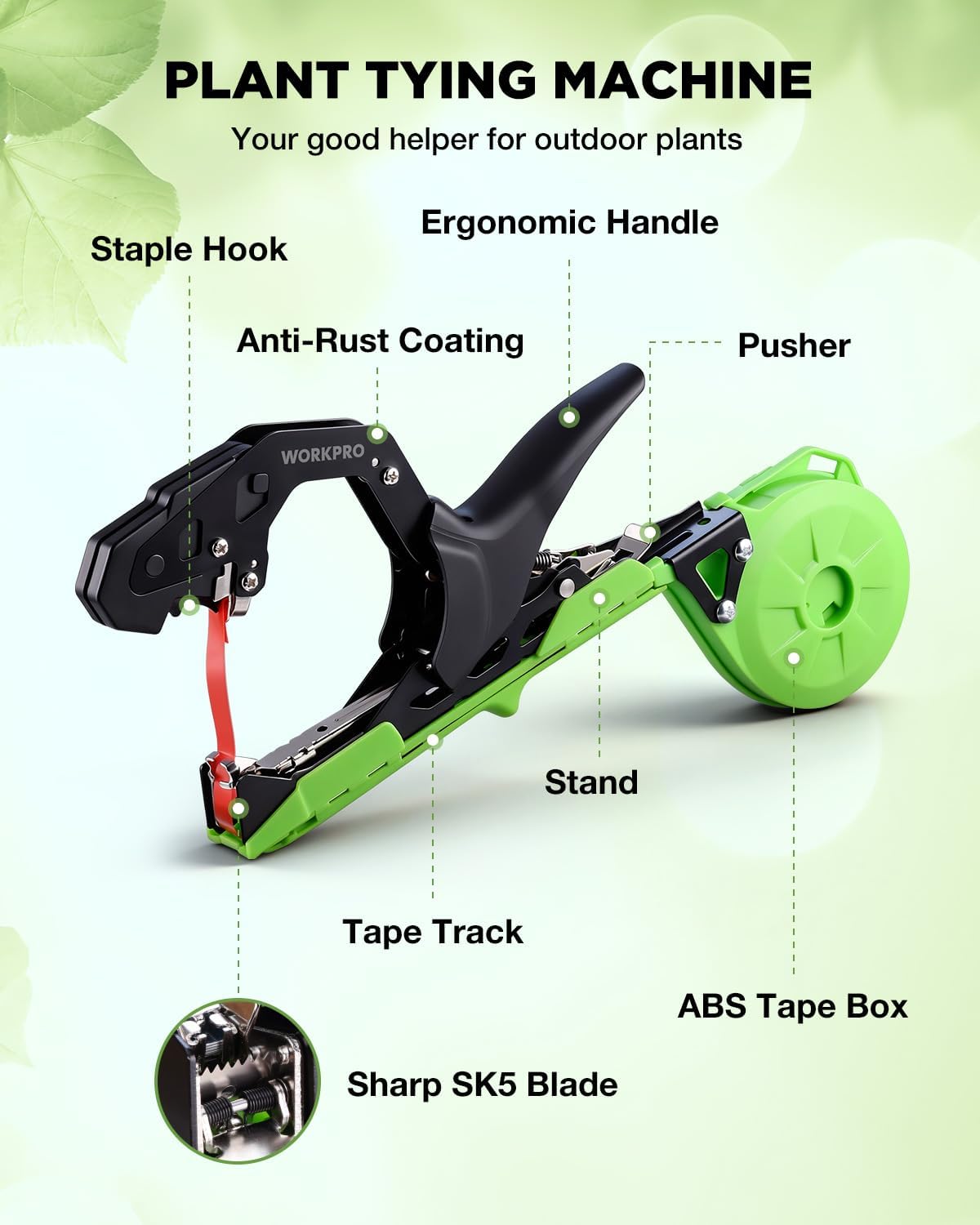 Plant tying machine with staple hook, pushers, tape track, and ABS tape box