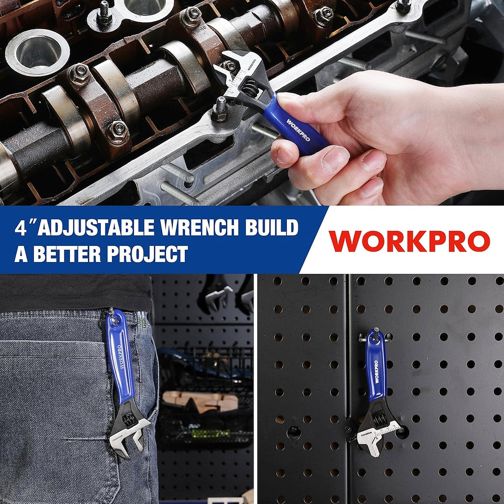 Mini adjustable wrench in use on metal workbench; blue grip with black jaws