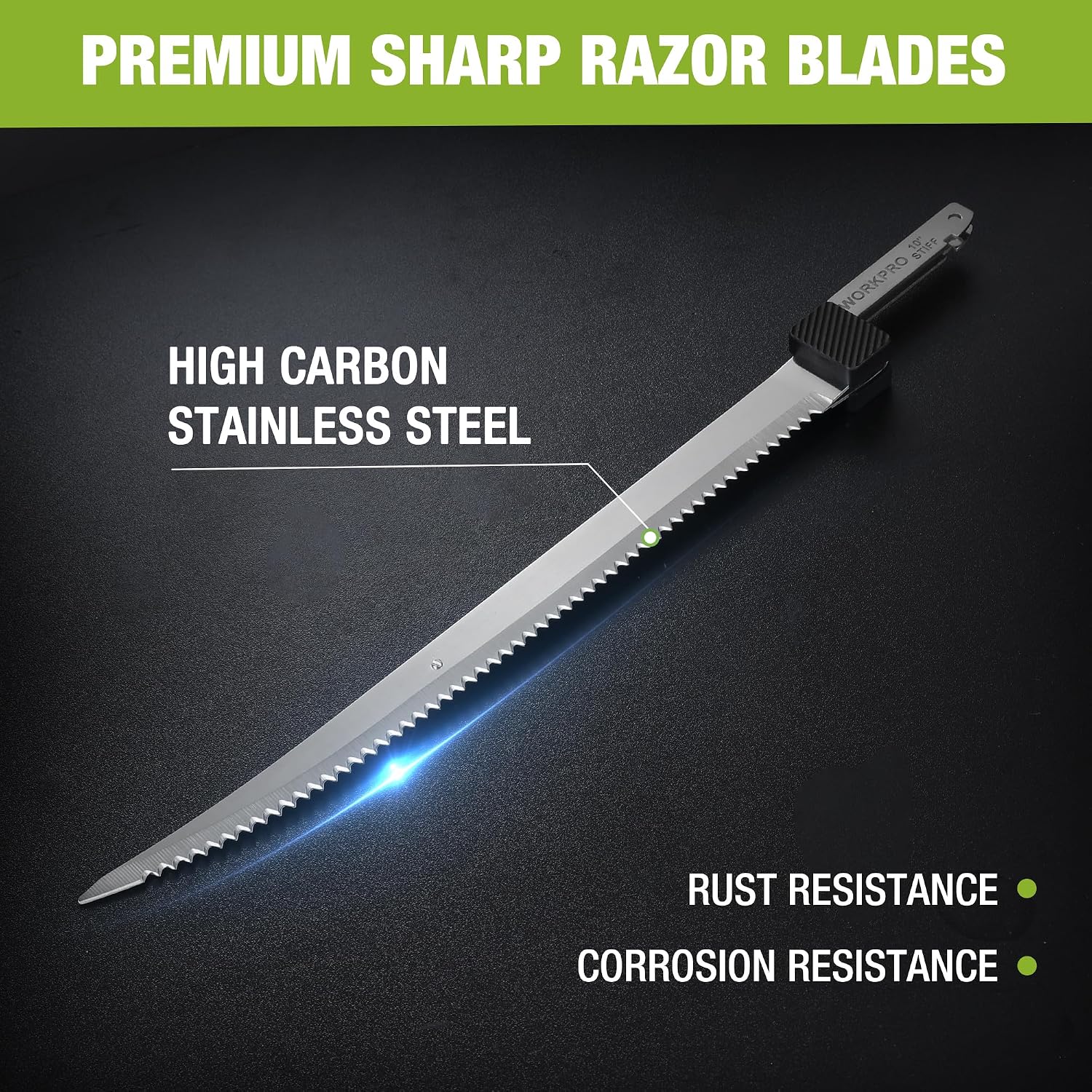 Serrated stainless-steel fillet blade with pointed tip and mounting end.