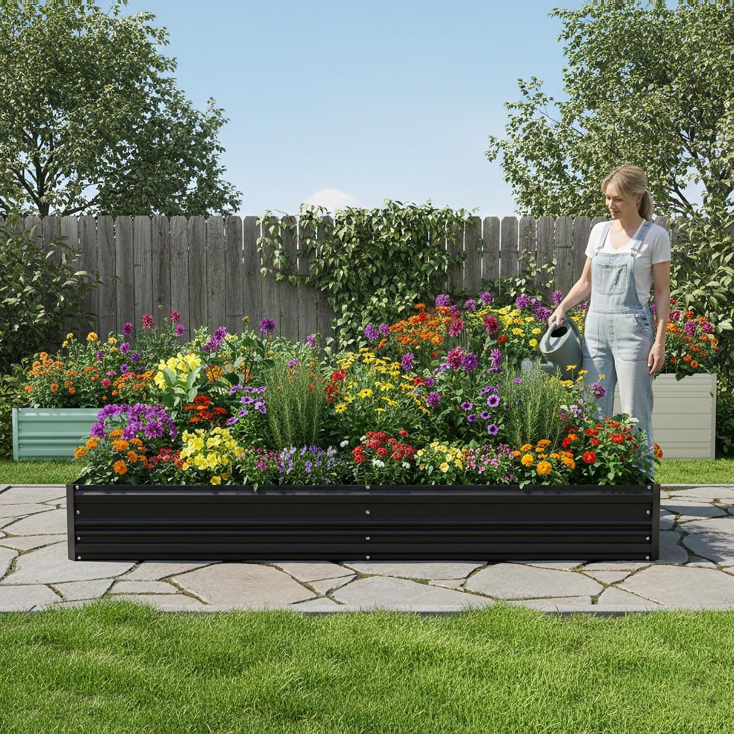 Black metal raised garden bed with dense flower border in a backyard