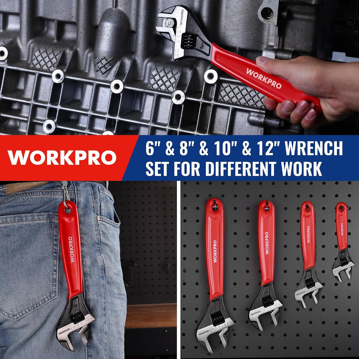WORKPRO 4 PCS Adjustable Wrench Set, 6", 8", 10" & 12" Wide Jaw Wrenches