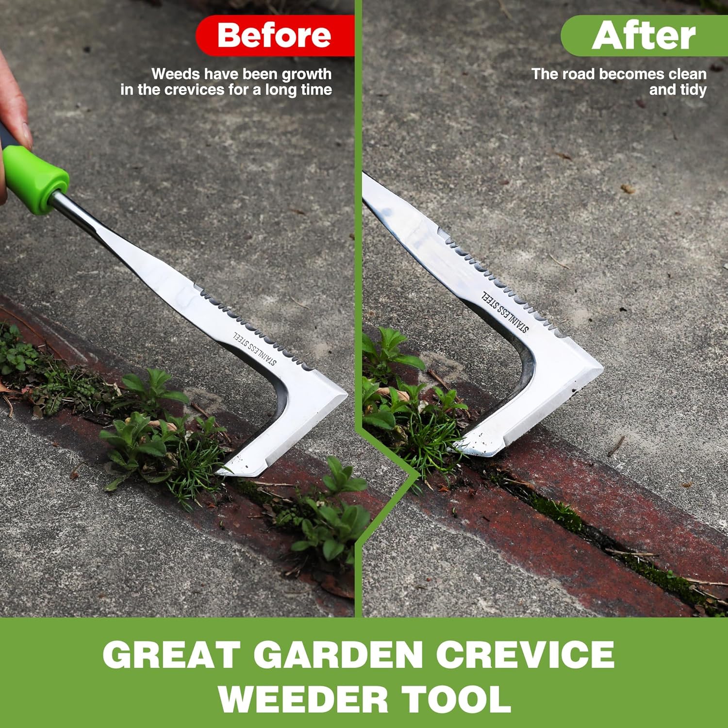 L-shaped crevice weeder tool removing weeds and moss between patio paving stones