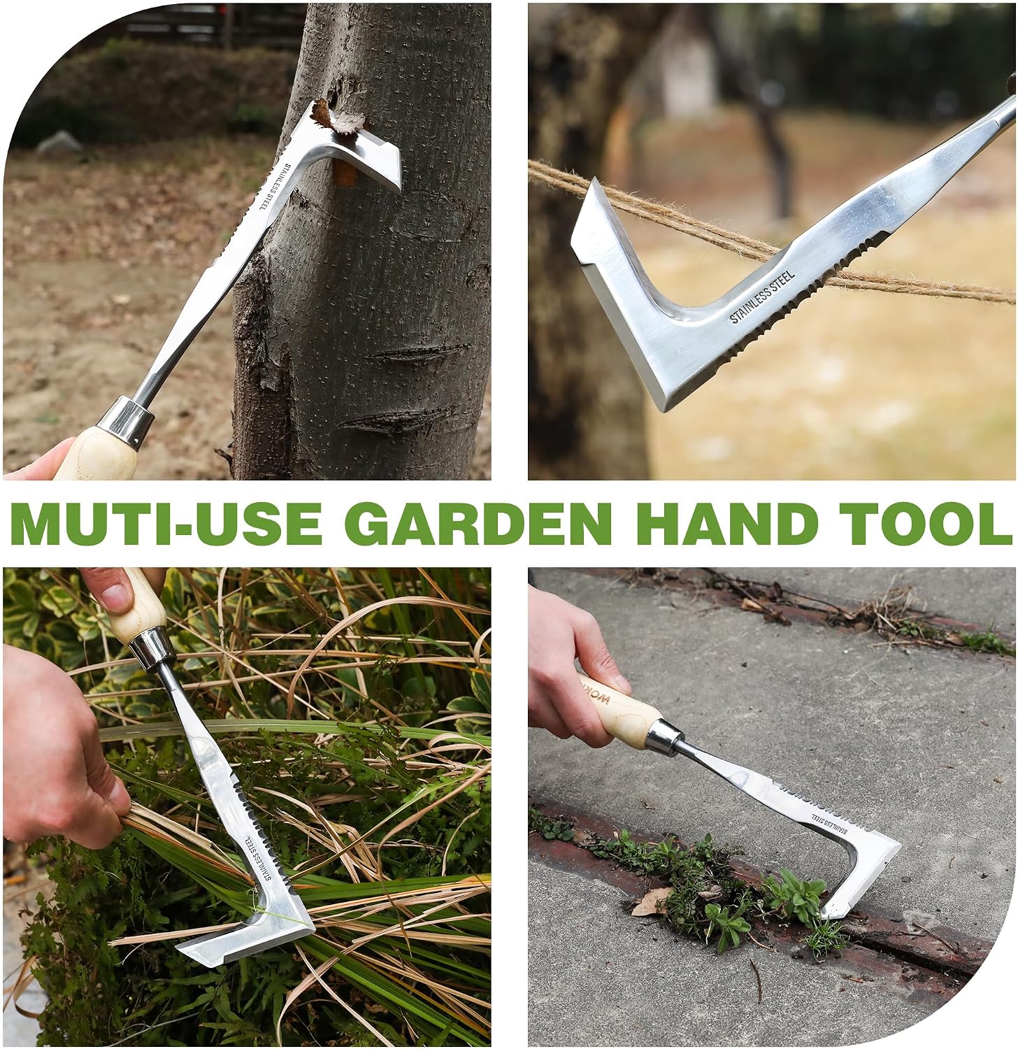 Multi-use garden hand tool with stainless steel L-shaped blade and wooden grip