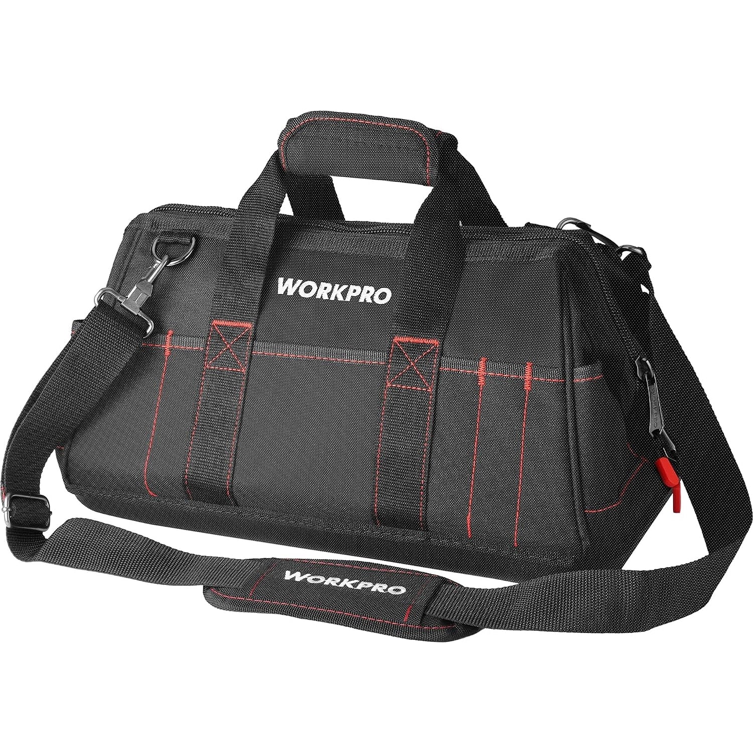 WORKPRO 16 inch close top wide mouth tool storage bag in black with waterproof rubber base, durable innovation