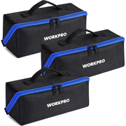 Set of three black WORKPRO tool bags with blue trim, top handles, and dual zippers