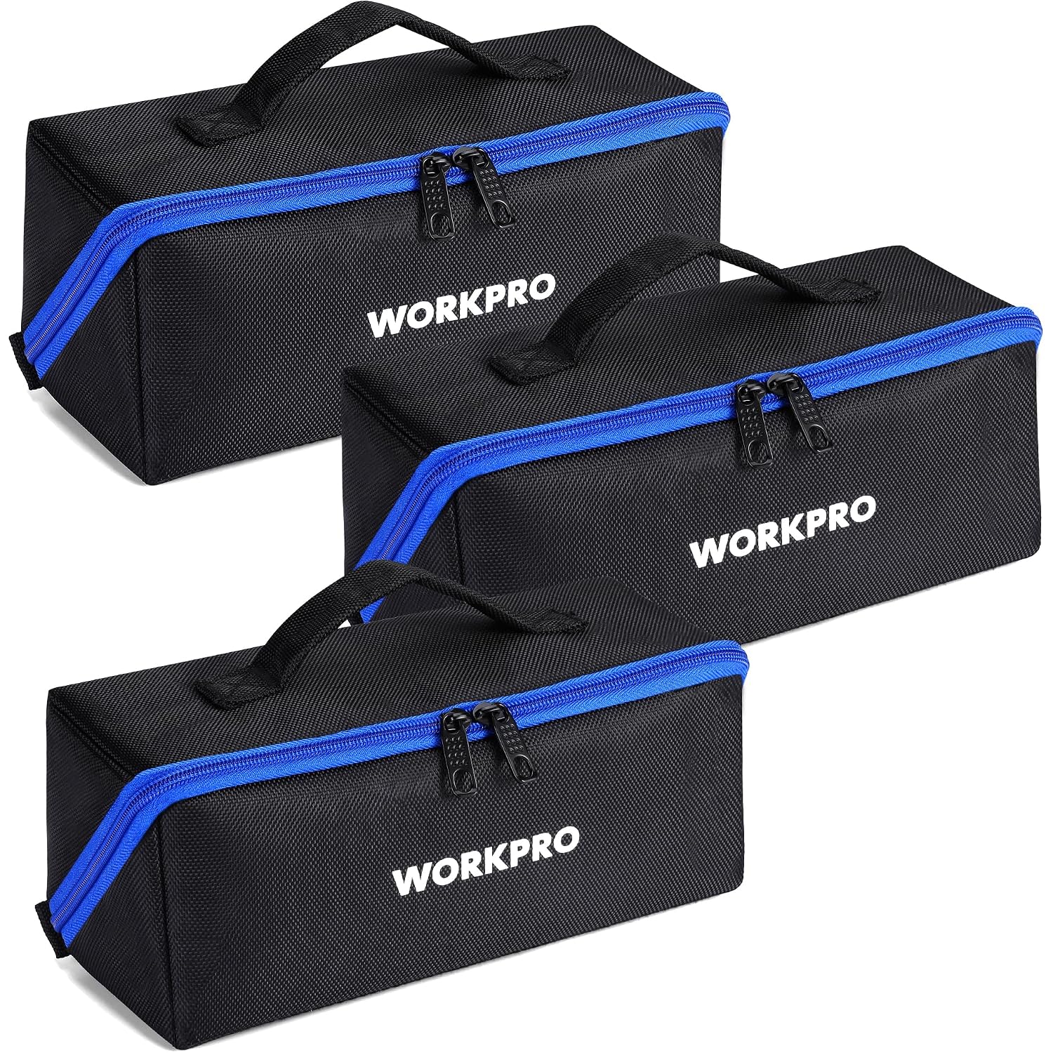 Set of three black WORKPRO tool bags with blue trim, top handles, and dual zippers
