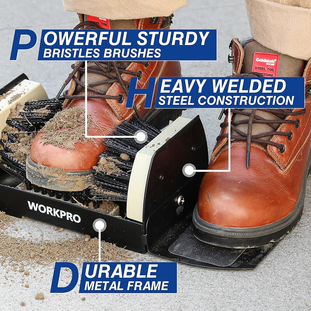 Sturdy boot scraper brush with two side bristle rows and heavy metal frame
