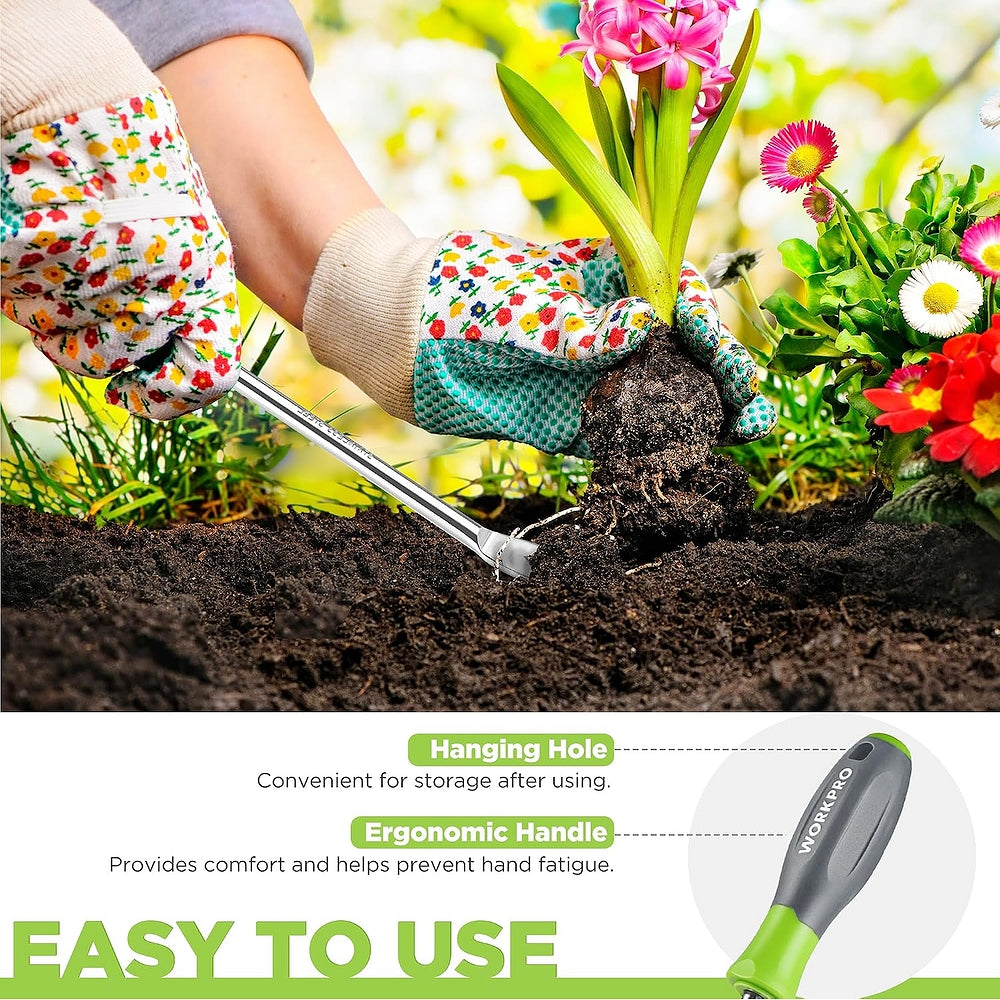 WORKPRO ergonomic hand weeder with two-pronged fork and hanging hole on handle