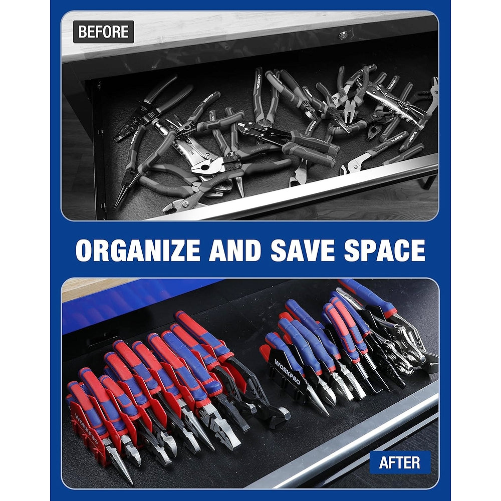 WORKPRO plier organizer rack neatly holding pliers and cutters in angled slots