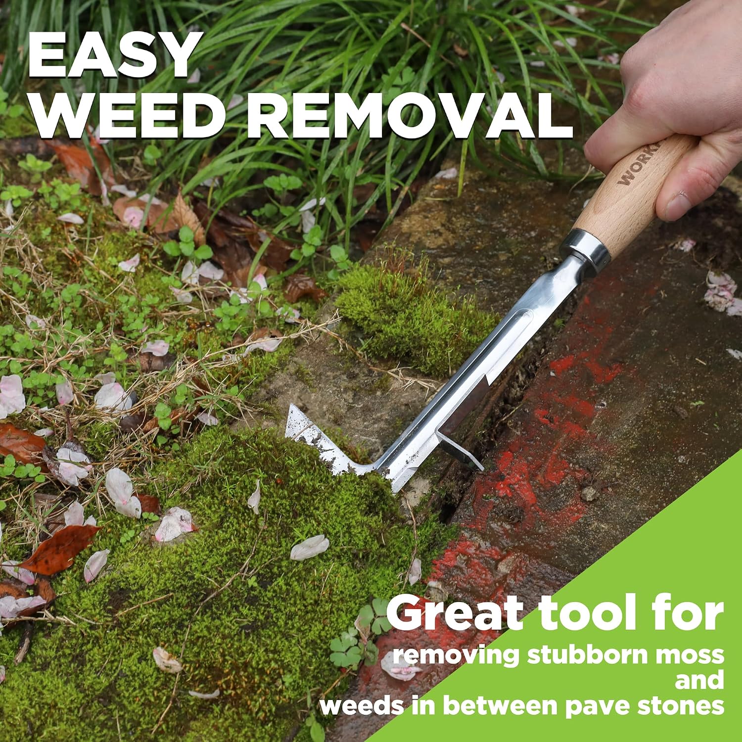 Handheld crack weeder with stainless scraper and beech handle for moss and weeds between stones