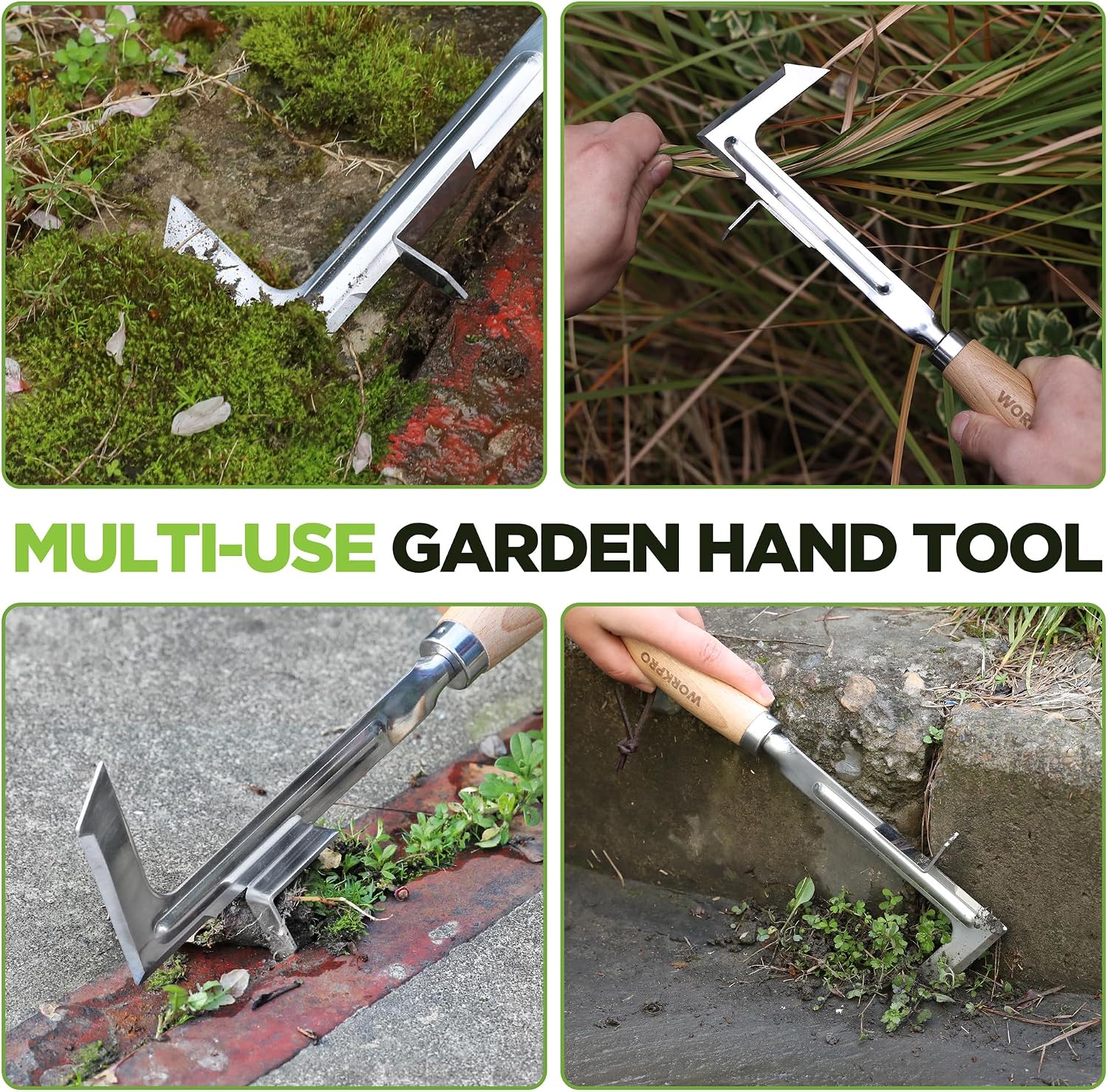 Multi-use weed puller spatula with stainless steel L-shaped blade and beech wood handle