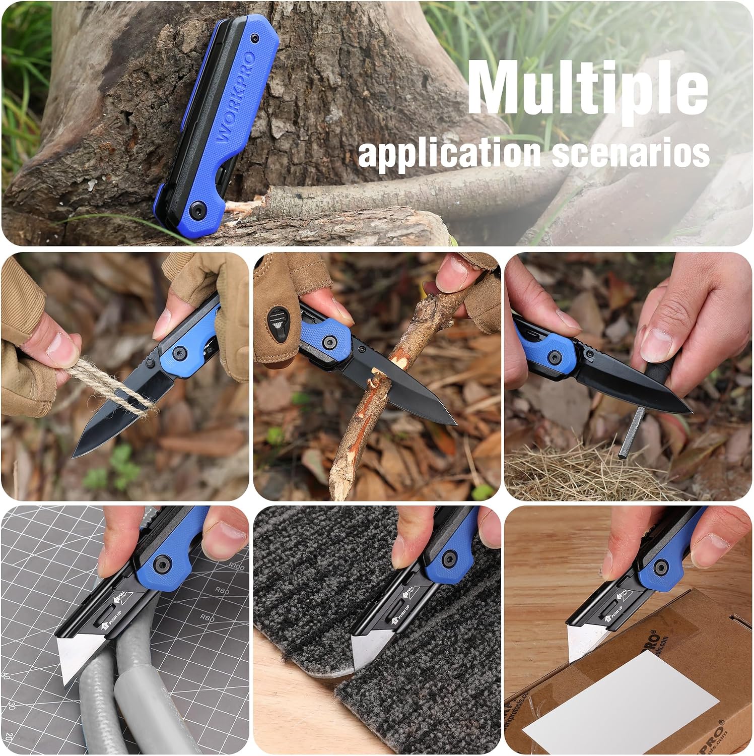 WORKPRO 2-in-1 Folding Knife, Quick-Change Box Cutter with Belt Clip, Liner Lock, and G10 Handle, Extra 10 SK5 Blades Included, Blue