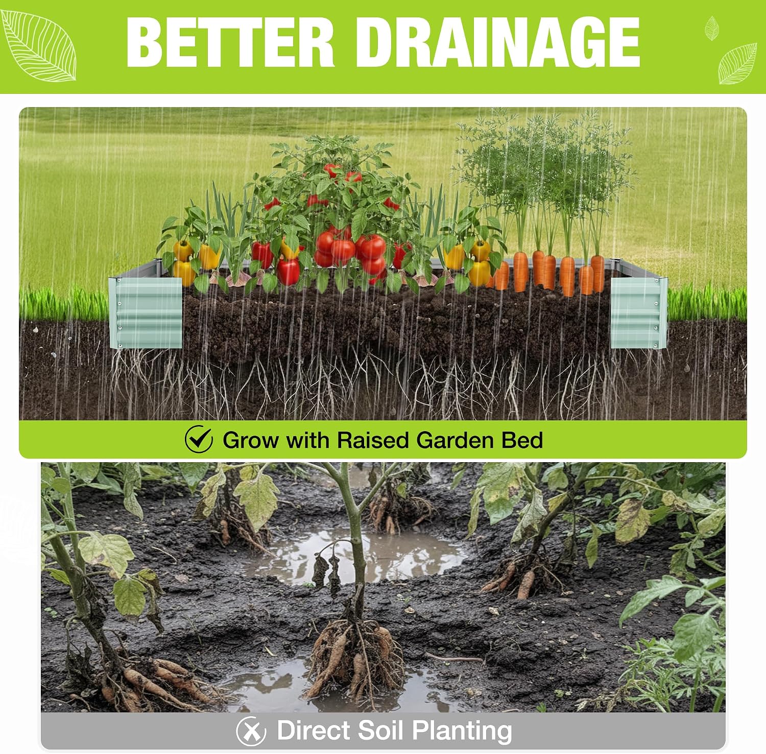 Green raised garden bed showing drainage with soil and small plants