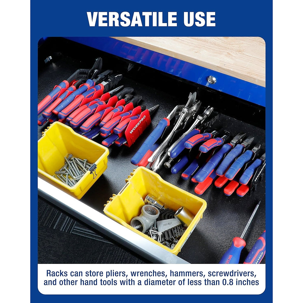 WORKPRO tool rack with angled slots holding pliers, wrenches, and hand tools in a drawer