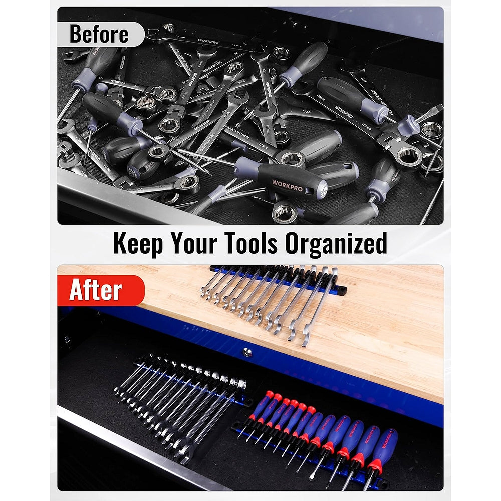 Magnetic screwdriver and wrench organizer on a workbench with black holder panel