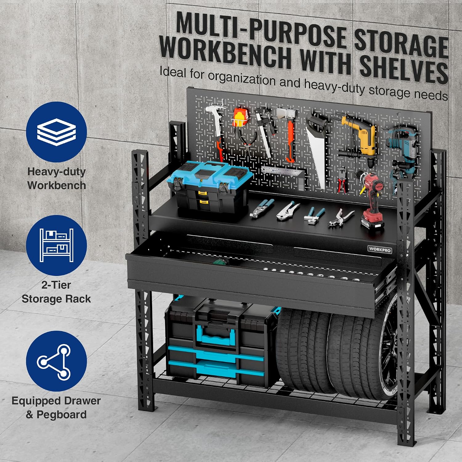 Steel workbench with black pegboard, two-tier shelves, and front drawer storage
