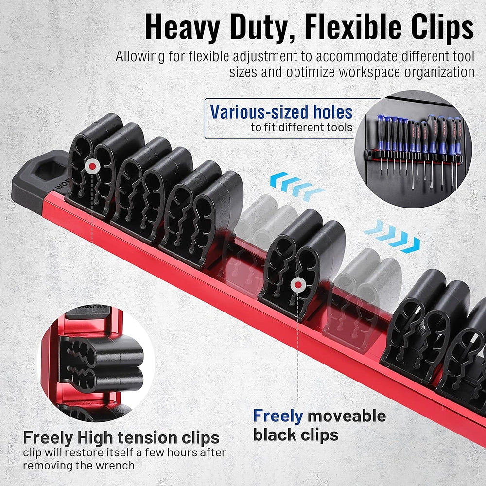 Magnetic tool organizer with aluminum rail and black clip holders along red base