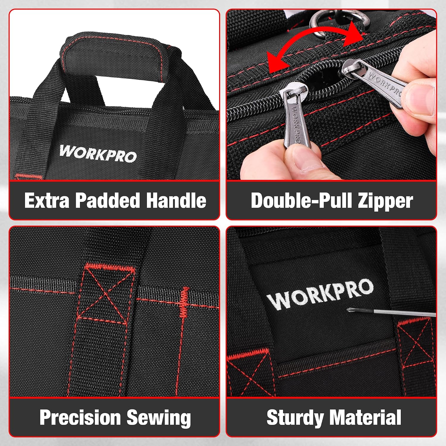 WORKPRO 16-inch close top wide mouth tool storage bag in black with secure double pull zipper and durable quality