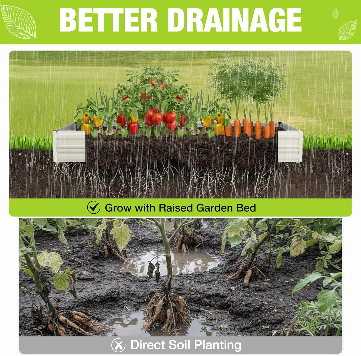White raised garden bed showing soil area and water drainage through the base