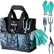 Blue floral garden tool tote bag with black sections, plus turquoise gloves and pruners