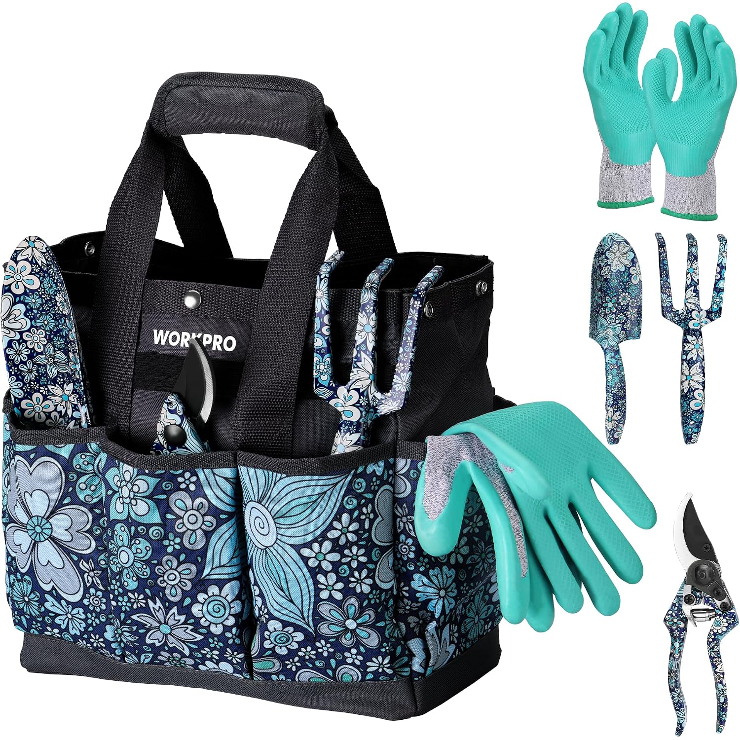 Blue floral garden tool tote bag with black sections, plus turquoise gloves and pruners