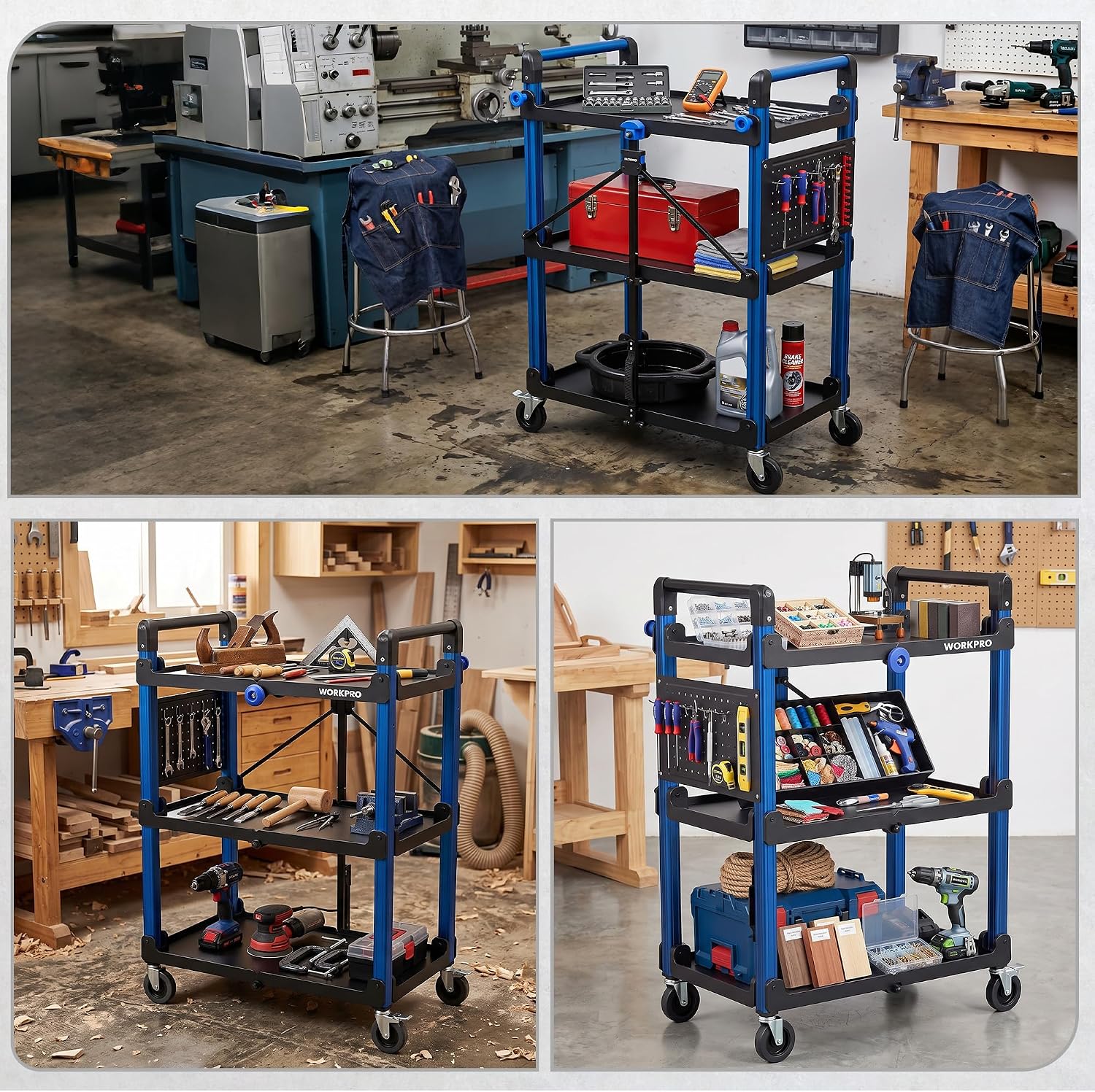 WORKPRO 3-Tier Heavy Duty Collapsible Service Cart-Blue and Black