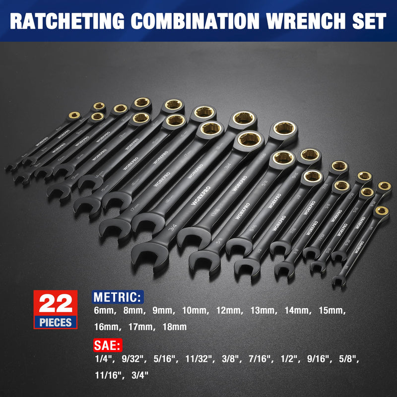 WORKPRO 22-Piece Anti-slip Teeth, Ratchet Combination Wrench Sets with Organizer Box