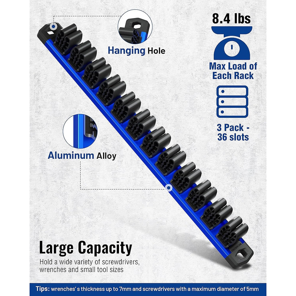 Aluminum alloy magnetic tool organizer rail with hanging hole and black holder clips