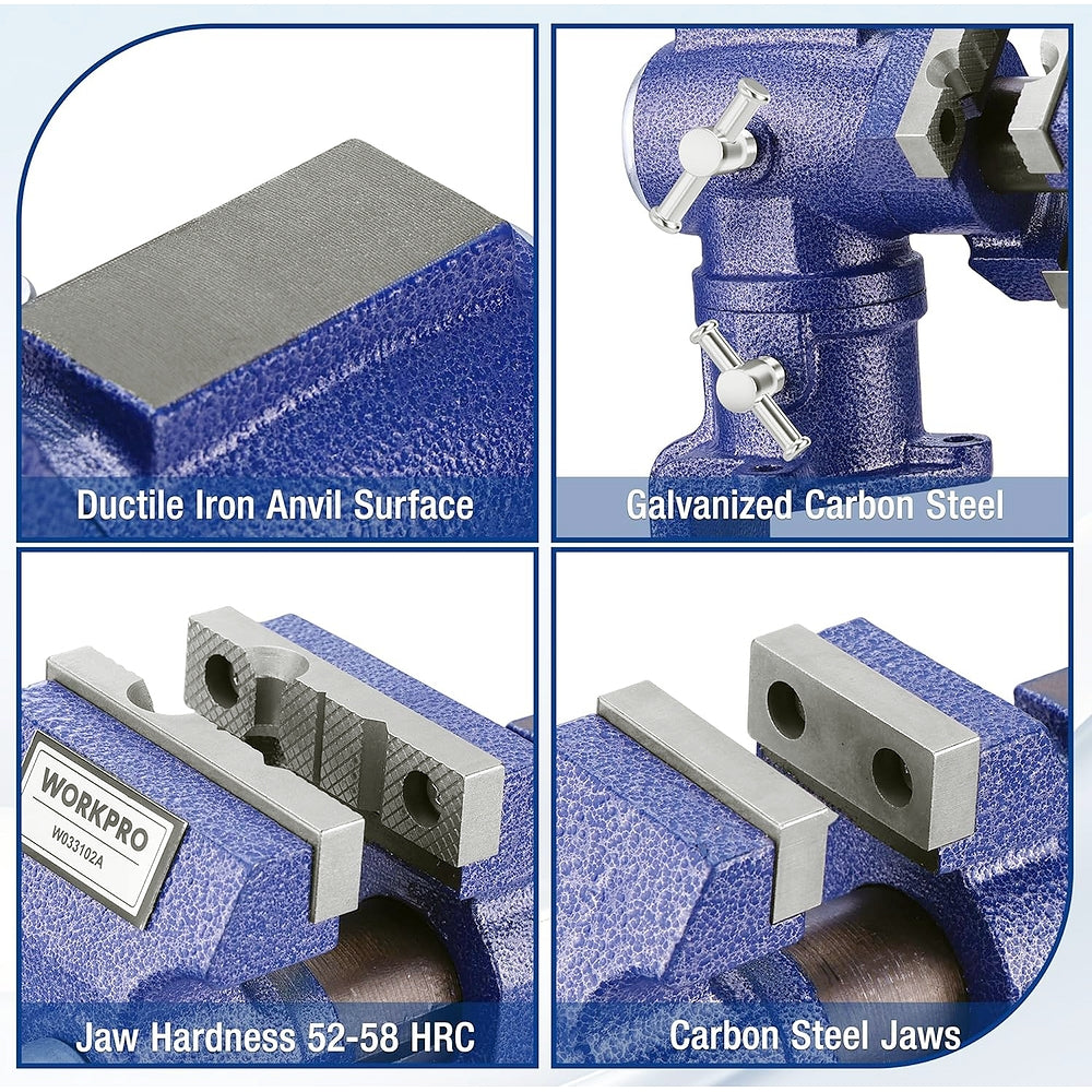 Blue bench vise with anvil surface and carbon steel jaw inserts