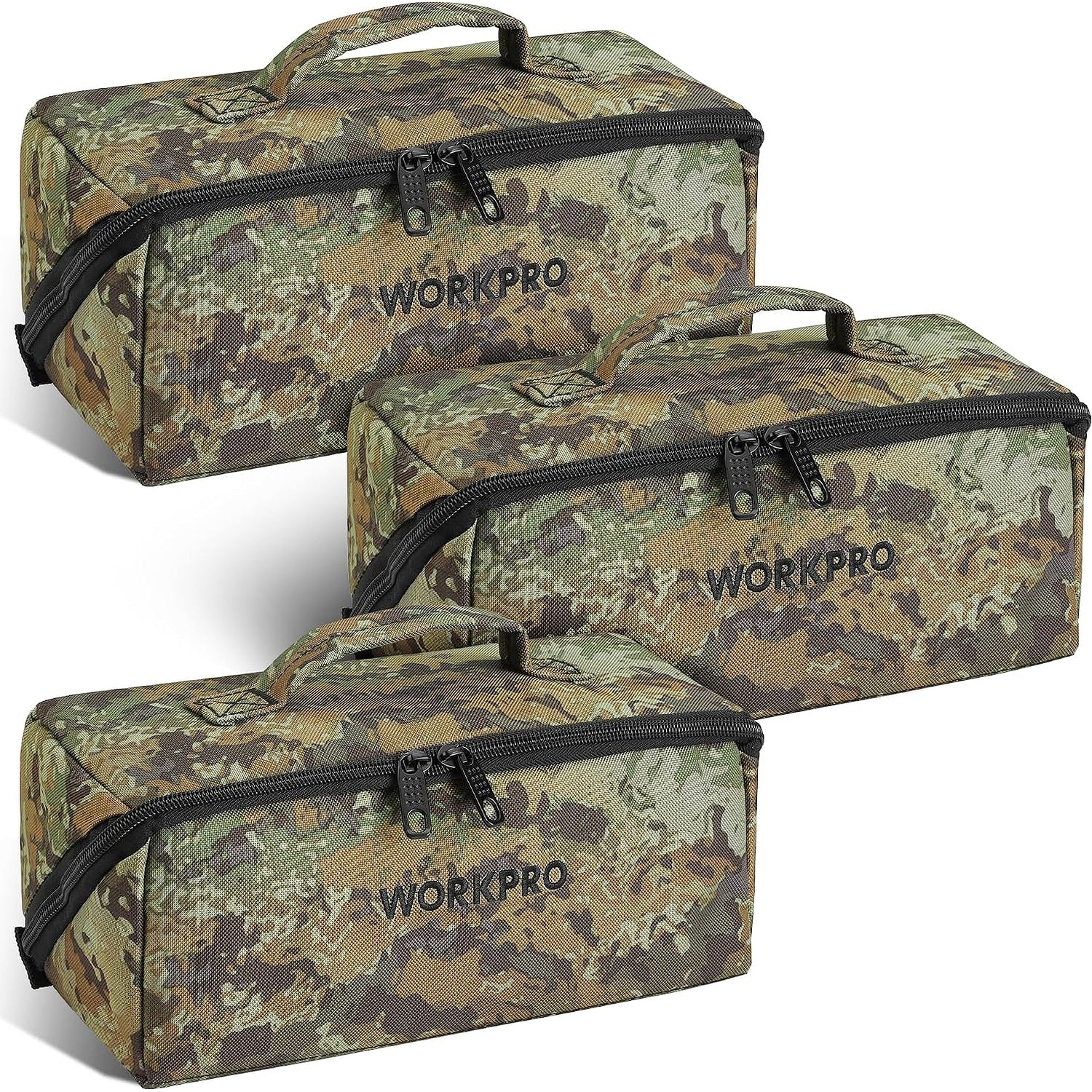 WORKPRO Tool Bag with Zipper, 10" Utility Wide Mouth Heavy Duty Tool Storage Bag, Multipurpose Zipper Tool Pouch Tote Bag for Organizer 3-pack, Camo
