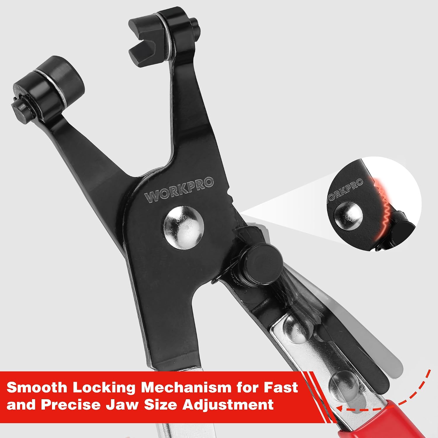 Black hose clamp pliers with red grips and smooth locking jaw size adjustment